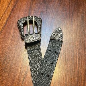 Black Textured Leather Belt with Ornate Silver Buckle